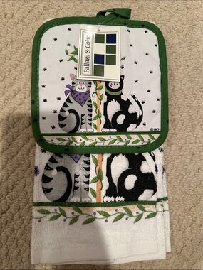 Fallani & Cohn Cat Print Kitchen Set in White, Black & Green